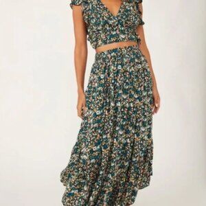 Free People Pretty Daze Skirt and Top Set Floral Blue Green - Size XL
